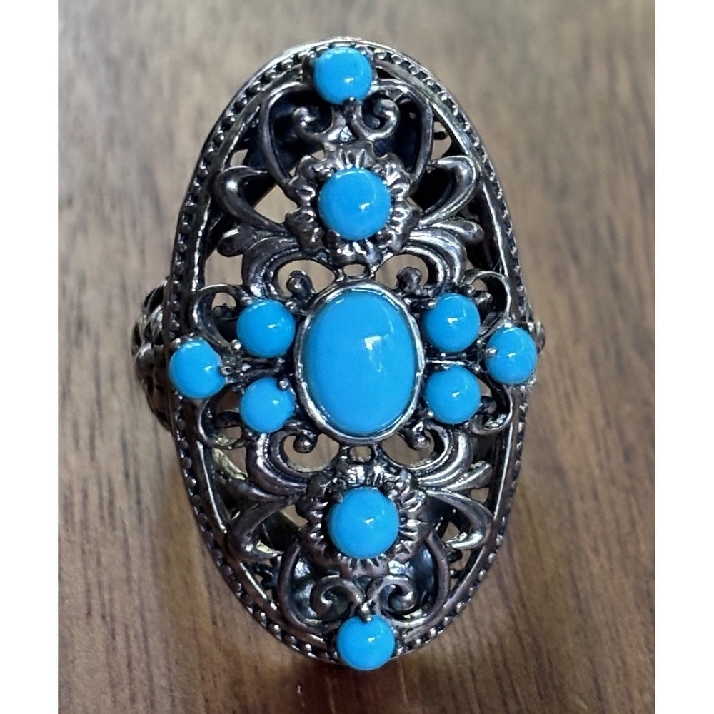 NF Sterling Silver & Turquoise Filigree Ring Size 10